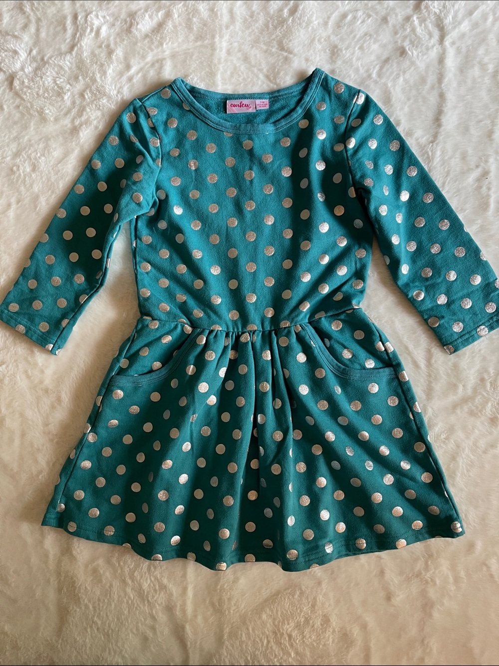 Curfew girl Teal -Metallic Silver Polka Dot Long-Sleeve Dress SZ 7-8